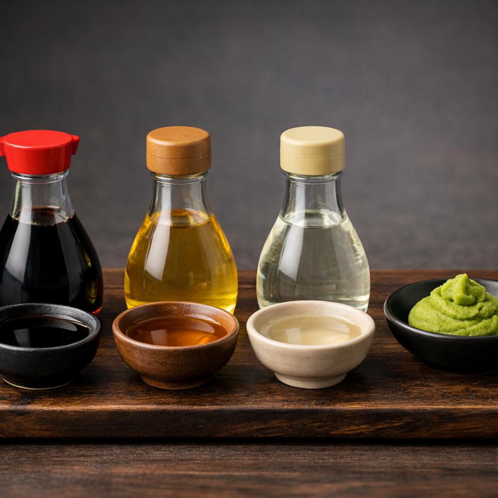 Sauces et condiments japonais : soja, mirin, wasabi, vinaigre de riz
