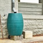 Green plastic rain catcher barrel to catch and conserve fresh chlorine-free water rainwater closeup